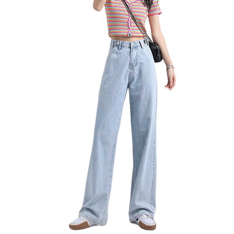 Jeanswest Women's Summer Thin High-Waist Wide-Leg Slim Straight-Leg Light Blue Jeans M