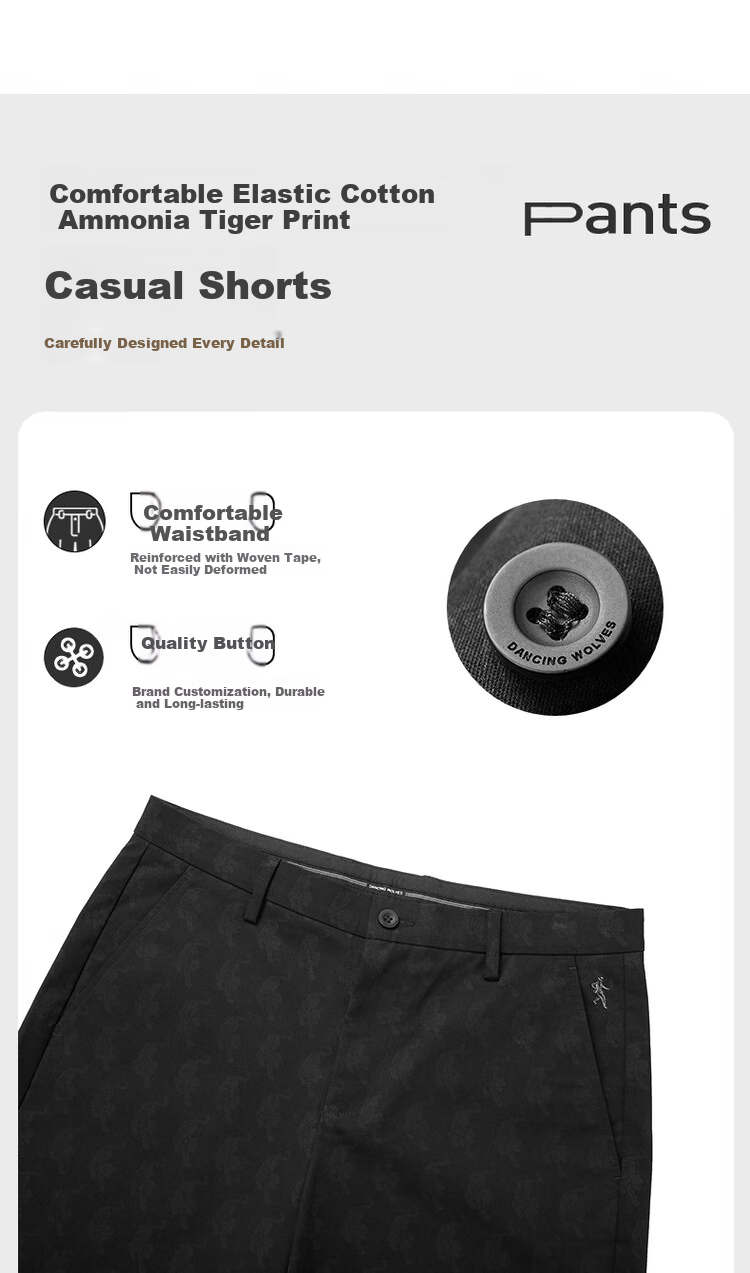 DANCING WOLVES [Comfortable Cotton Spandex] Summer Fashion Tiger All-Over Print Versatile Stretchy Men's Casual Shorts, 001 Black, Size 33 2