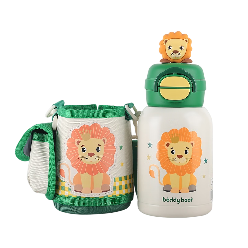 BEDDYBEAR Open-Smiling Double-Drinking Lid Children's Insulated Cup with Straw, 316 Steel Large Capacity Thermos Flask, 600ML Cute Lion Desig
