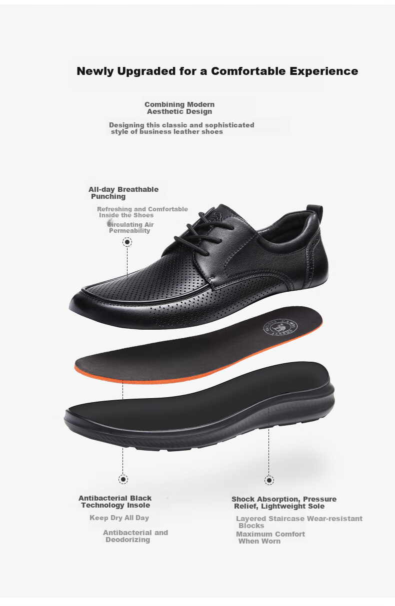 CAMEL Men's Cowhide Breathable Shock-Absorbing Business Casual Leather Shoes G13M263053 Black Size 38 3