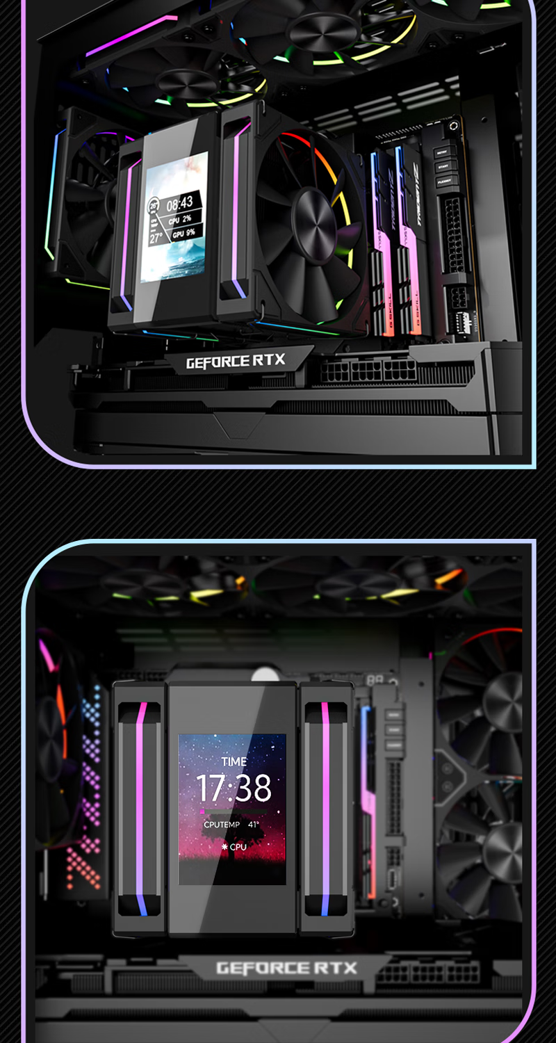 PowerTrain Unknown Player MK8 Black CPU Air Cooler with Screen, 6 Copper Heat Pipes, ARGB Sync, Dual Fans for Desktop PC, 1851/1700/AM4/AM5 7