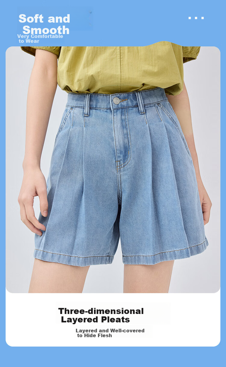 Giordano Women's Denim Shorts with High-Tech Cooling Pleated Fabric, Semi-Elastic Waistband, Lightweight Denim Pants 13405239 9
