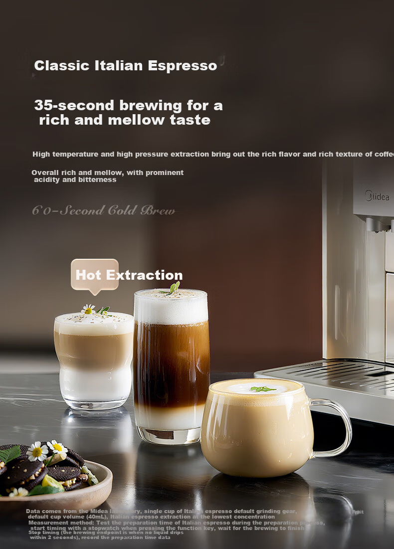 Midea [Flagship Master] Fully Automatic Coffee Machine with Cold And Hot Dual Extraction, All-In Grinder, Home And Office Use, Italian Espresso Milk Frother, Bean Grinder, Large Color Screen Touch Control MA-ACX30 3