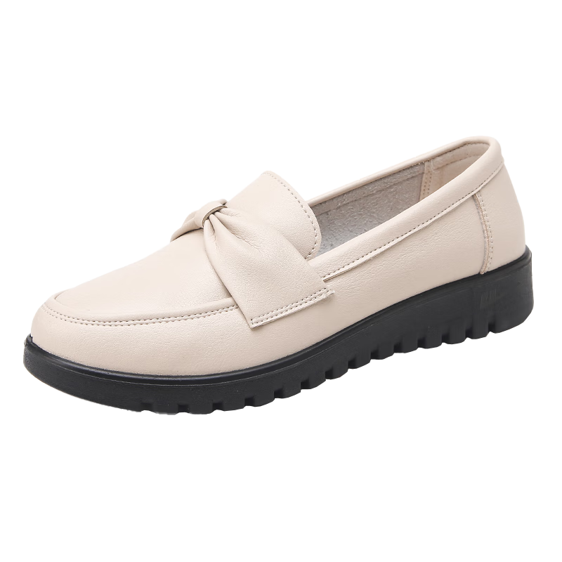 Huili Mom Shoes Spring And Autumn Elderly Women's Comfortable Soft-Soled Non-Slip Leather Shoes for Middle-Aged And Elderly 50-60 Years Old Single Shoes 0050 Beige Size 37