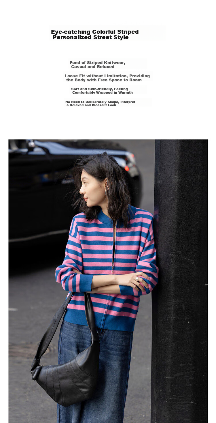 Dme [American Retro Style] Spring Heart-Shaped High Street Striped Cardigan, Comfortable Slimming Knitted Sweater, Women's Top 1