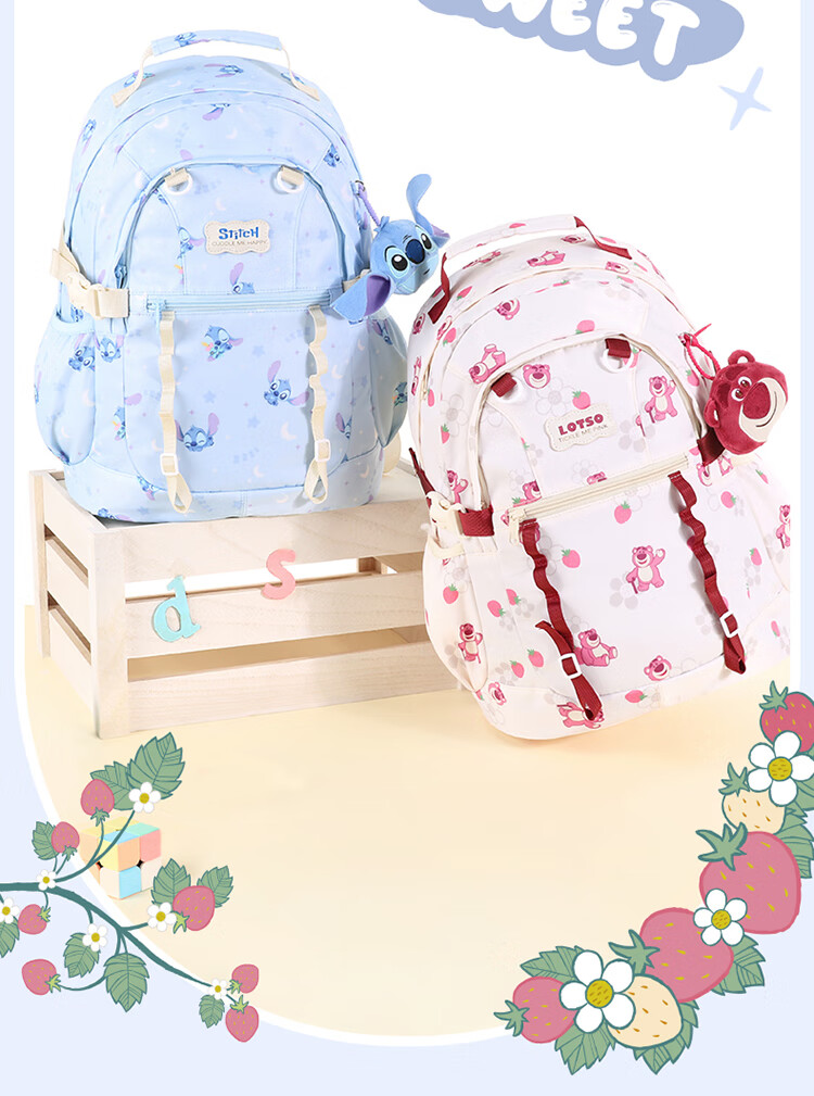 Disney Backpack for Middle And High School Students, Breathable Large Capacity Primary School Grade 5-6 Backpack, Girls' Backpack, Water-Resistant Strawberry Bear Desig 2