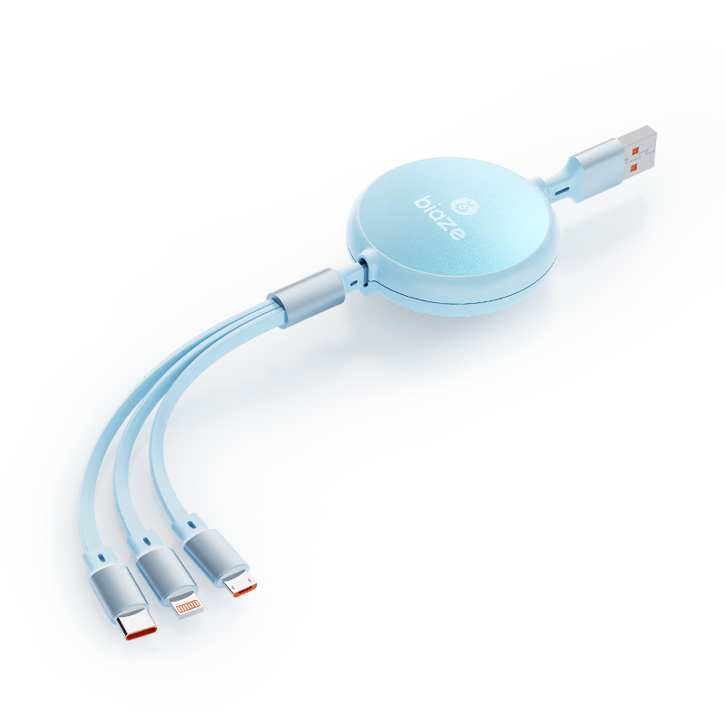BIAZE Retractable Three-In Type-C Data Cable, 100W Fast Charging Cord, USB Multi-Function Cable for Apple 18/17/16/15/14/13, Xiaomi, Huawei, Android Phones