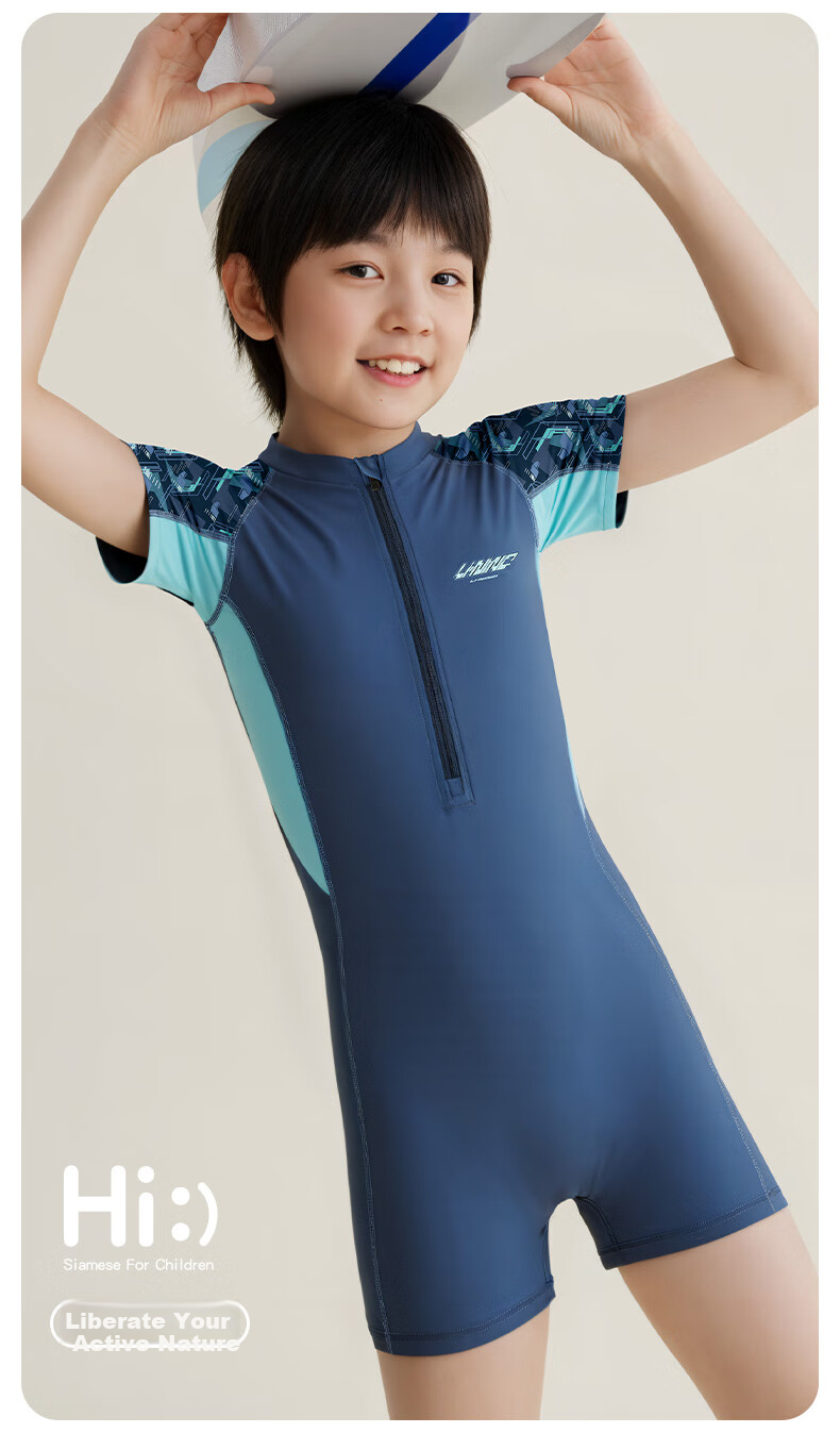 Li-Ning Youth Swimsuit, Boys' Comfortable Sports One-Piece Short-Sleeve Boxer Briefs, Professional Training Swimwear, 8512 Gray Blue, Size 160 3