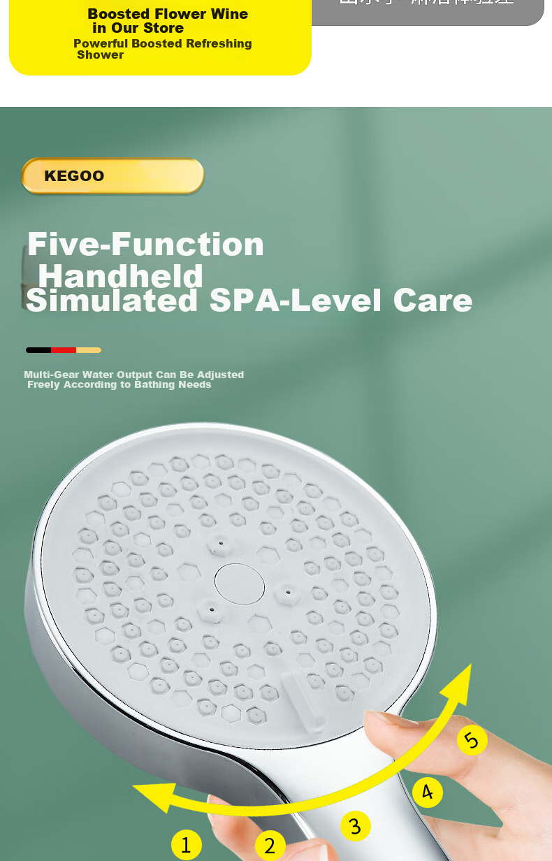 KEGOO High-Pressure Shower Head, Extra Strong Pressurized Handheld Three-Piece Set, Shower Hose, Bathing Handheld Head with Bracket K4048 3