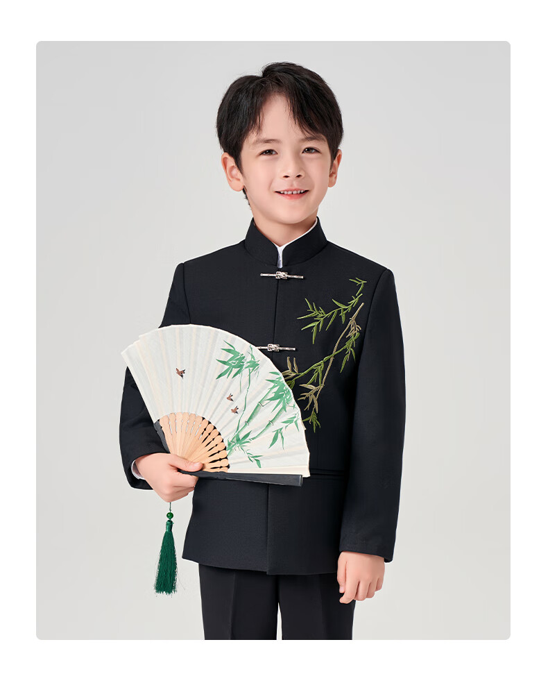 ROMON Children's Chinese-Style Suit Set, Boys' Zhongshan Outfit, New Chinese-Style Suit for Performances, Black Three-Piece Set 1, Size 170 3