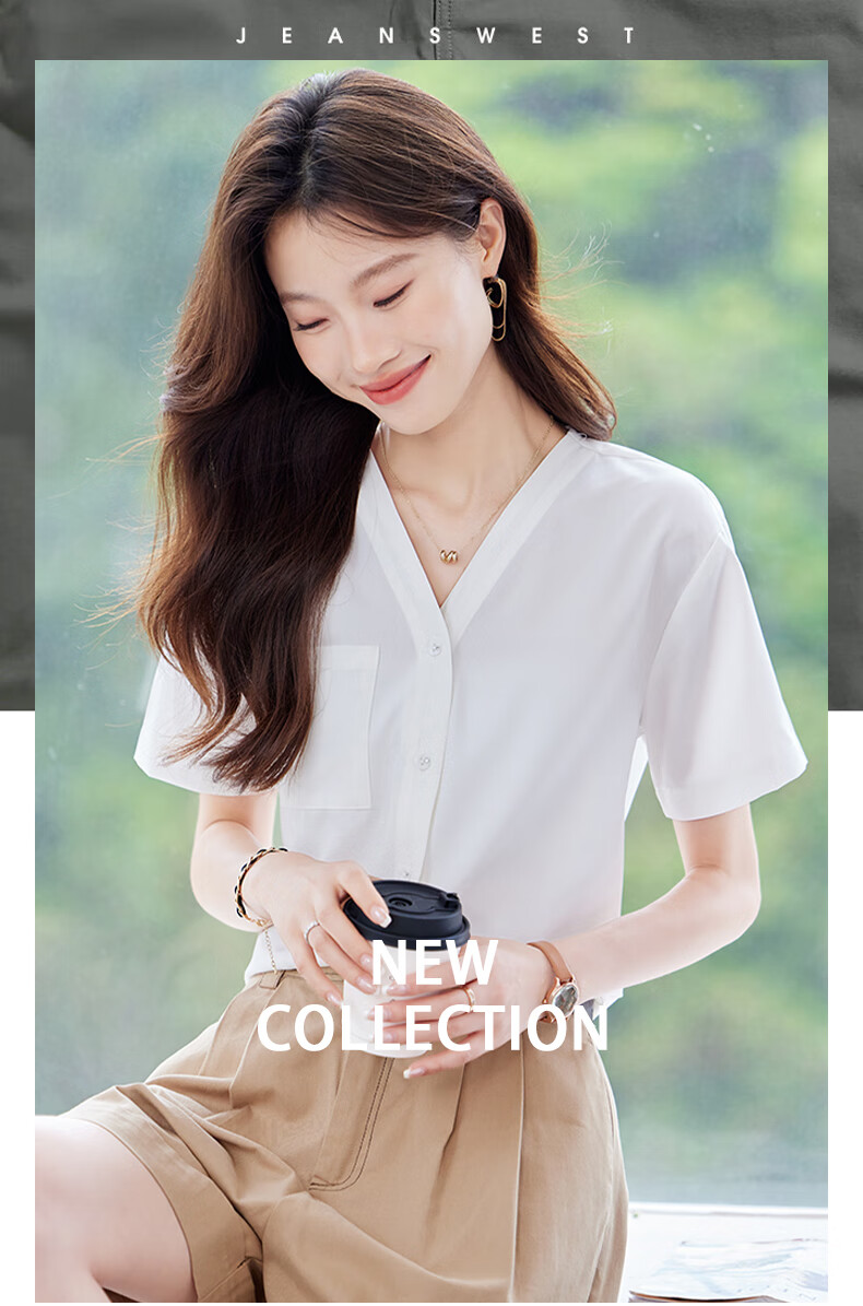 Jeanswest Women's Summer Casual Short Sleeve V-Neck Pocket Versatile Fashion Formal Shirt White L 1