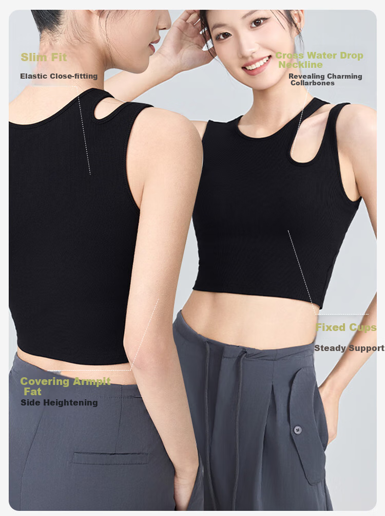 GUJIN Hollow-Out Camisole Tank Top for Women, Summer Short Style with Built-In Bra Pads, Inner Wear Undershirt, Black, L, 115-135 Ji 2