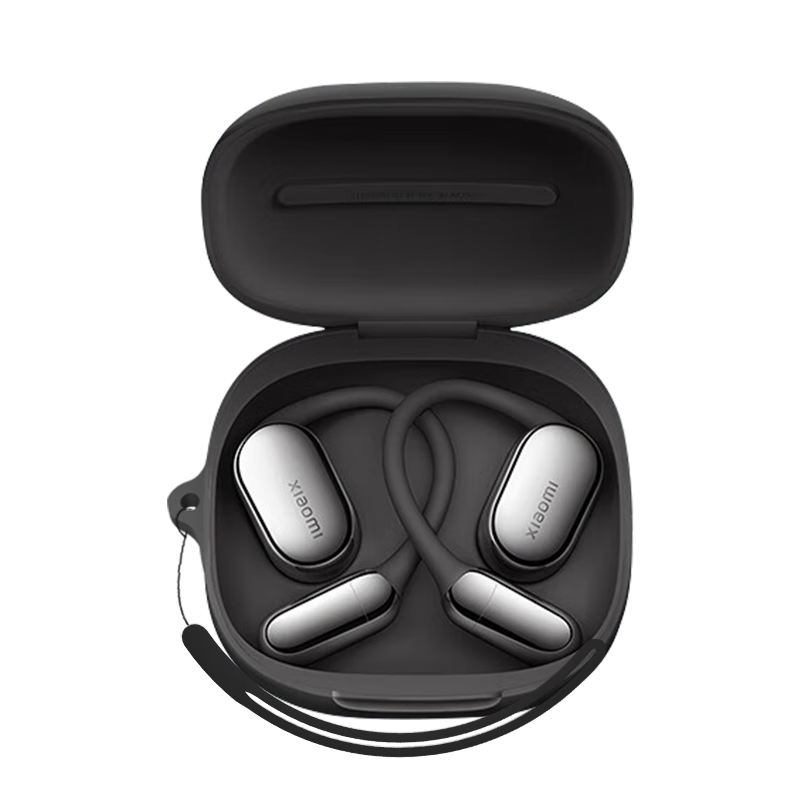 ESCASE Protective Case for Xiaomi Open-Ear Pro, Full Coverage Shockproof Bluetooth Earphone Storage Box, Liquid Silicone Soft Shell Ultra-Thin Protective Cover, Black + Silicone Lanyard