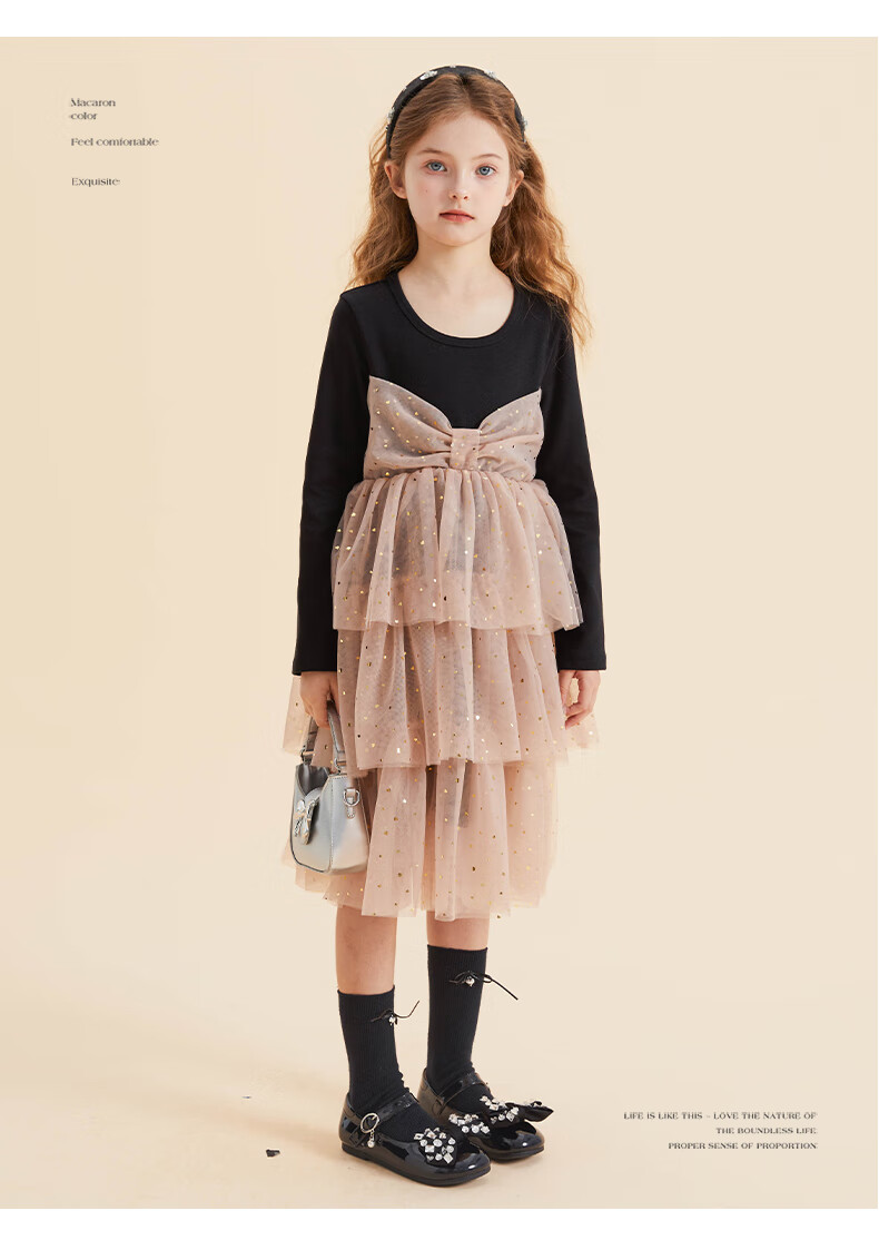 Fulomi Girls' Dress Children's Princess Dress Knitted Mesh Splice Skirt Black Apricot 120 10