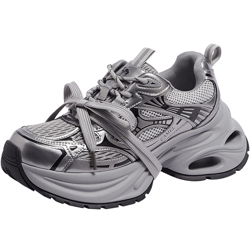 CAMEL Silver Dad Sneakers Women Breathable Mesh Height Increasing Thick Sole Sports Casual Shoes L25A283140 Gun/Black 40