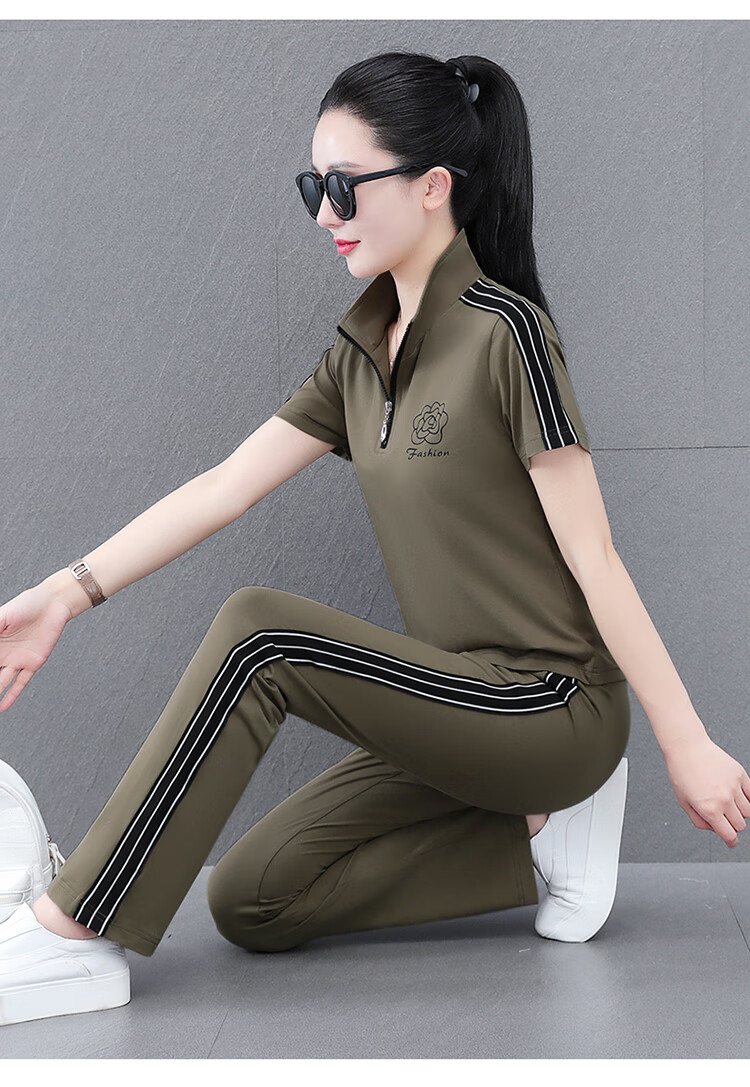 Woodpecker Zipper Sportswear Set for Women Summer Thin Cotton Middle-aged Fashion Casual Stand Collar Two-piece Khaki 2XL 15