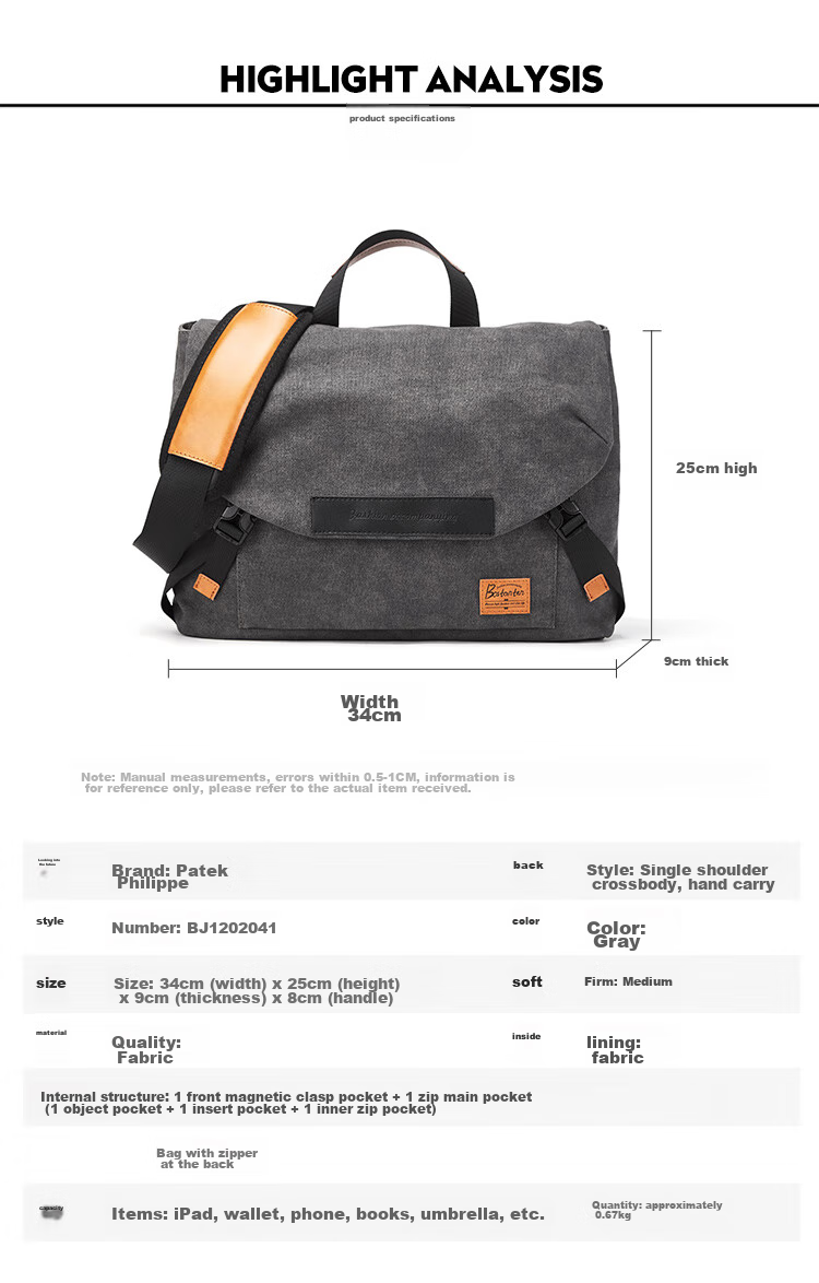 BOSTANTEN Men's Shoulder Crossbody Bag, Trendy Student Backpack, Large Capacity Multifunctional Handbag, Briefcase, Messenger Bag for Me 9