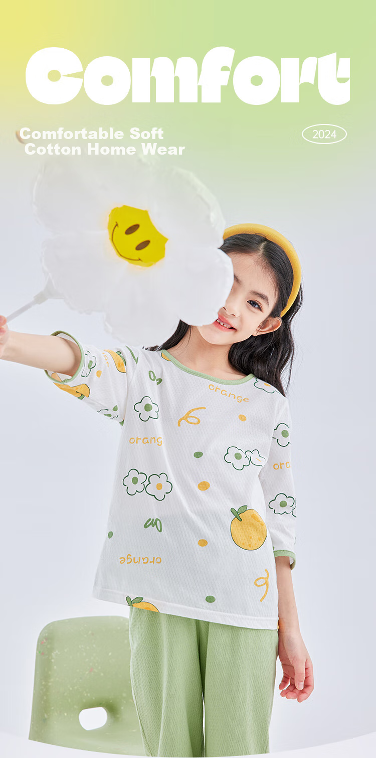 DEESHA [7A Antibacterial Cotton Mesh Jacquard] Girls' Lightweight Three-Quarter Sleeve Pajama Set, Skin-Friendly Air Conditioning Wear 1