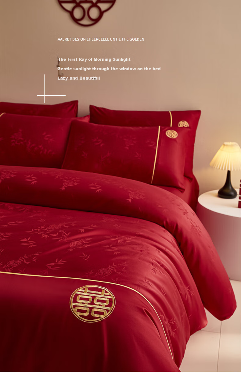Huangchaojiasi Wedding Four-Piece Set, Wedding Bedding, Skin-Friendly Cotton, Newlywed Bedroom, Red Duvet Cover And Bed Sheet for 1.5/1.8 Meter Bed 6