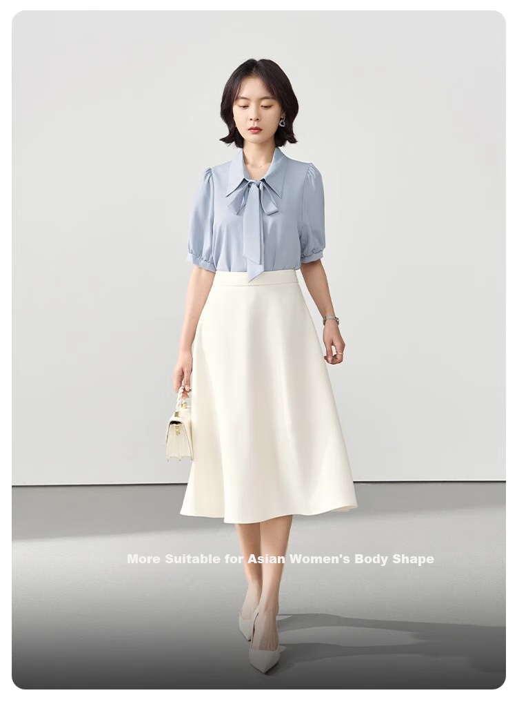 Bodexiaojie Blue Short-Sleeve Shirt for Women, Urban Daily Commute Outfit, Petite Chiffon Blouse, Interview Professional Shirt, Size M 14