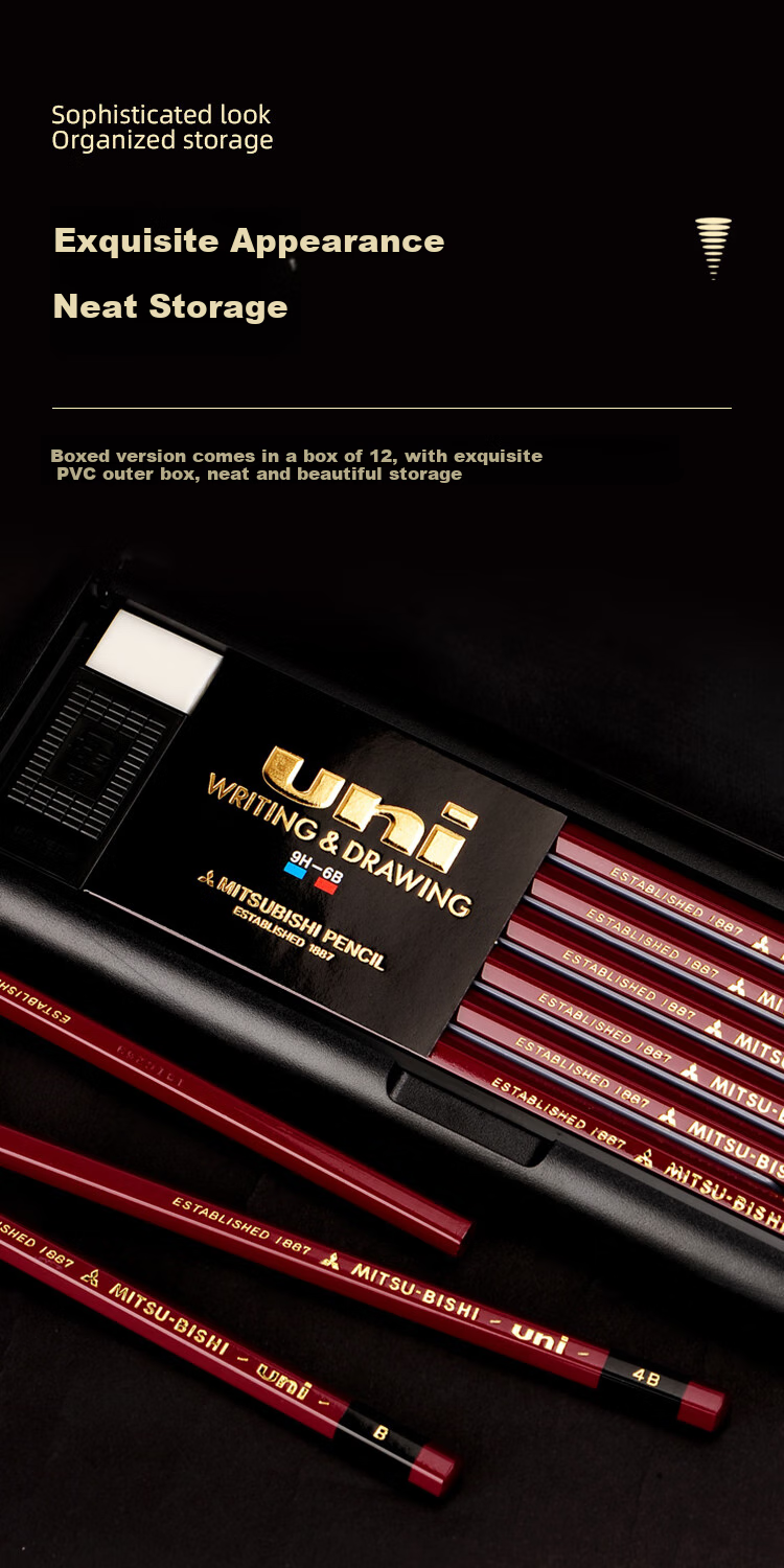 Uni Mitsubishi [Back to School] Gold Pencils 7H, Wooden Shaft Pencils for Art Students, Charcoal Pencils for Writing, Drawing, And Design, 12 Pencils/Box (With Eraser), 1887 3