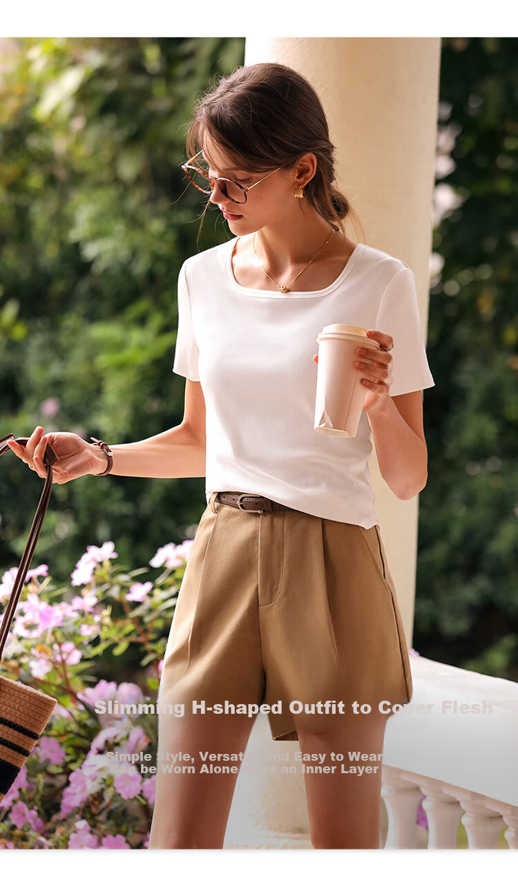 Olrain Square Neck Classic Shoulder Versatile T-Shirt Summer Women's Elegant Simple Stretchy Comfortable Base Top Gardenia White S 16