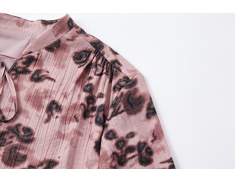 Dme [Shiguangjinghua] Autumn French V-Neck Pleated Textured Floral Print Wrinkled Elegant Loose Women's Dress 3
