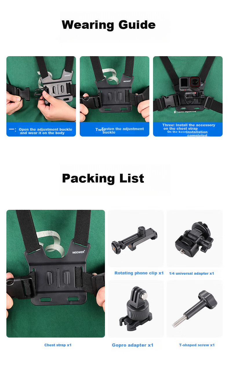 NEEWER Action Camera Vest Strap Compatible with DJI GoPro Insta360 Chest Mount Quick Release Bracket for Phone Outdoor Cycling Photography Accessory 7
