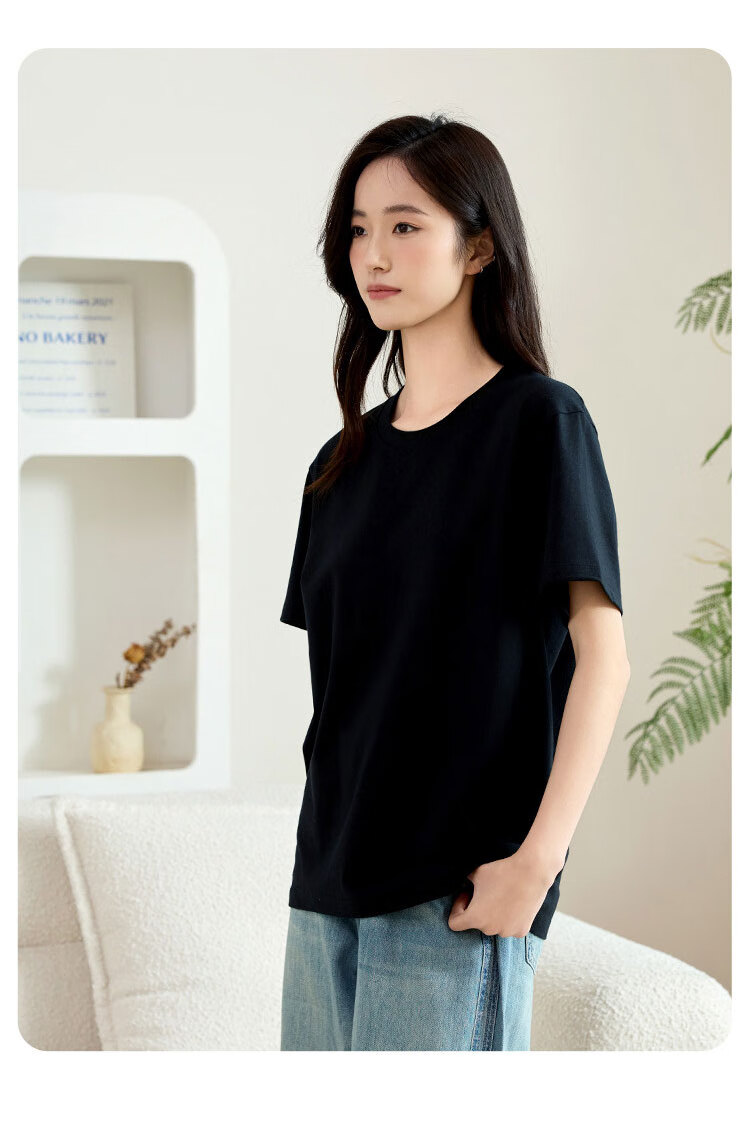 Woodpecker Women's Short Sleeve T-Shirt 2025 New Summer Round Neck Loose Fit Solid Cotton Casual Half Sleeve Top Black 2XL 8