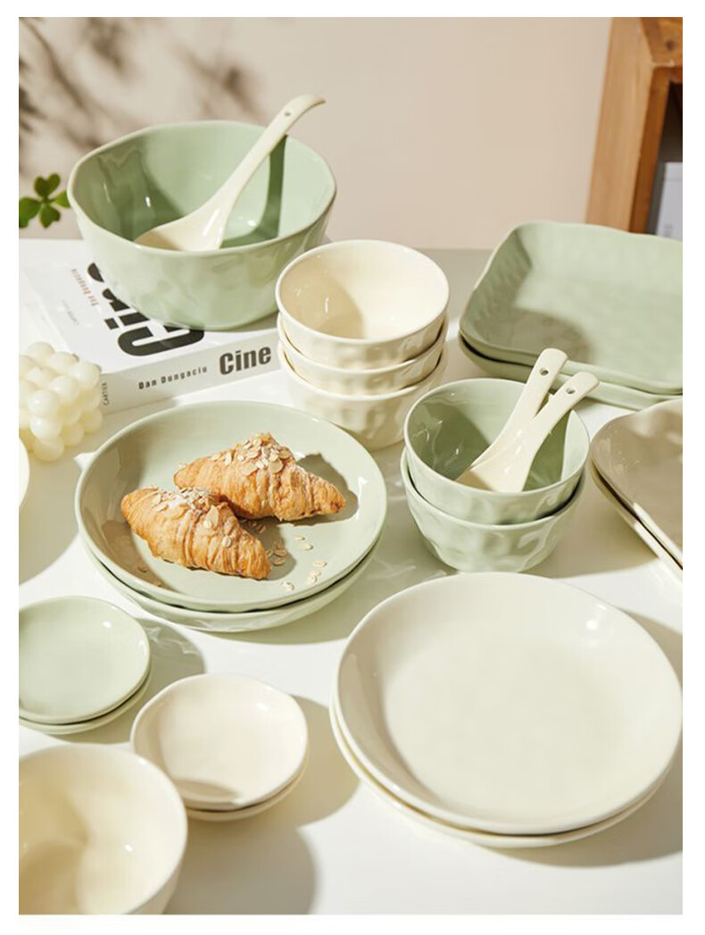 LOOKING HOME 24-Piece Cream-Colored Bowl And Plate Set for Home Use, Underglaze Color Ceramic Tableware Set with Soup Bowls Combination for Gifting 3