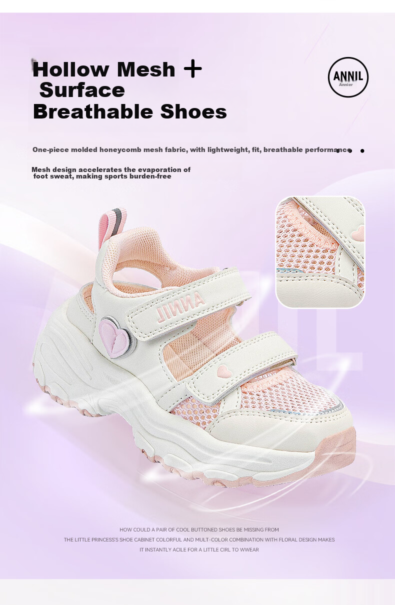 ANNIL Girls' Sandals, Summer New Style, Velcro Closure, Closed-Toe Beach Shoes, Summer Children's Mesh Shoes, 5303 Purple, Size 32 6