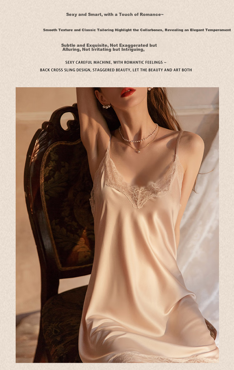 MiiOW Women's Summer Nightgown, Faux Silk with Built-In Bra Pads, Sexy Spaghetti Strap Dress, Lace Loungewear, Khaki, Size M 8