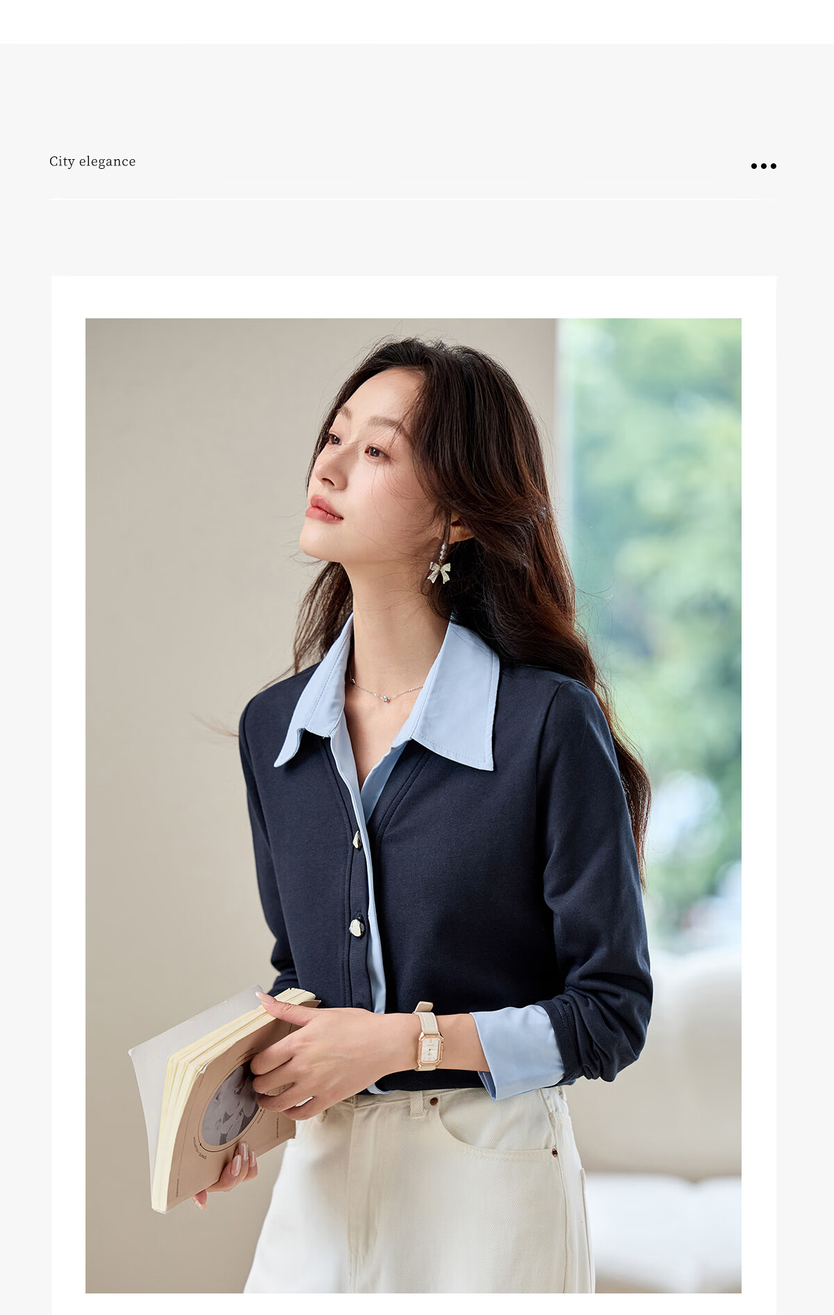 PinCai Women's Long Sleeve Shirt Color-Block Design Fake Two-Piece Layered Stylish Top P53S046 10