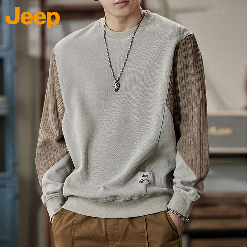 JEEP Men's Color Block Sweatshirt, Loose Fit T-Shirt Undershirt for Spring And Autumn, Casual Heavyweight Menswear, Apricot Color Block, 2XL