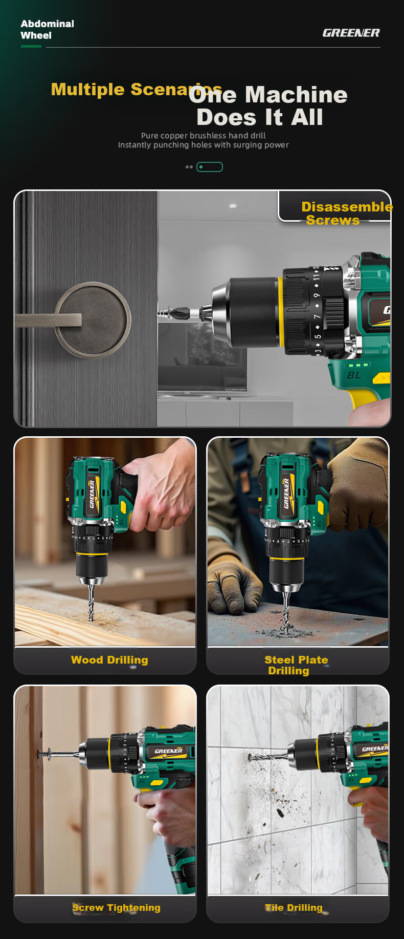 GREENER Dagaopao 16.8V Brushless Impact Drill Lithium Electric Screwdriver [Impact + Hammering] 70N.M One Battery 10