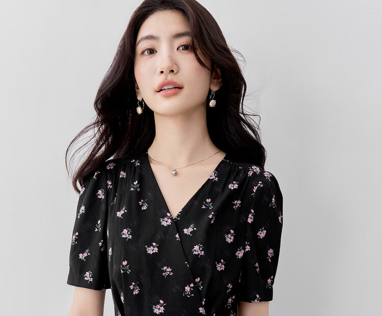 Shangdu Bila V-Neck Short Sleeve Printed Dress Women Summer Waist Slimming Tea Break Floral Elegant Commuter Mid-Length Dress 7