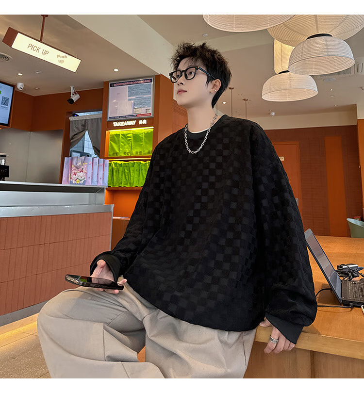 Dingfengbaoluo Japanese-Style Plaid Crew Neck Sweatshirt for Men, Spring Loose-Fitting High-End Casual Base Layer Top DFL77 Black XL 18