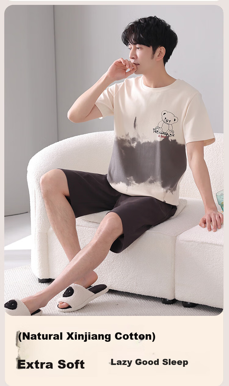 Zaishuo Men's Pajamas, Spring And Summer Cotton Short-Sleeve Shorts Two-Piece Set, Soft Comfortable Breathable Casual Home Wear Suit for Me 3