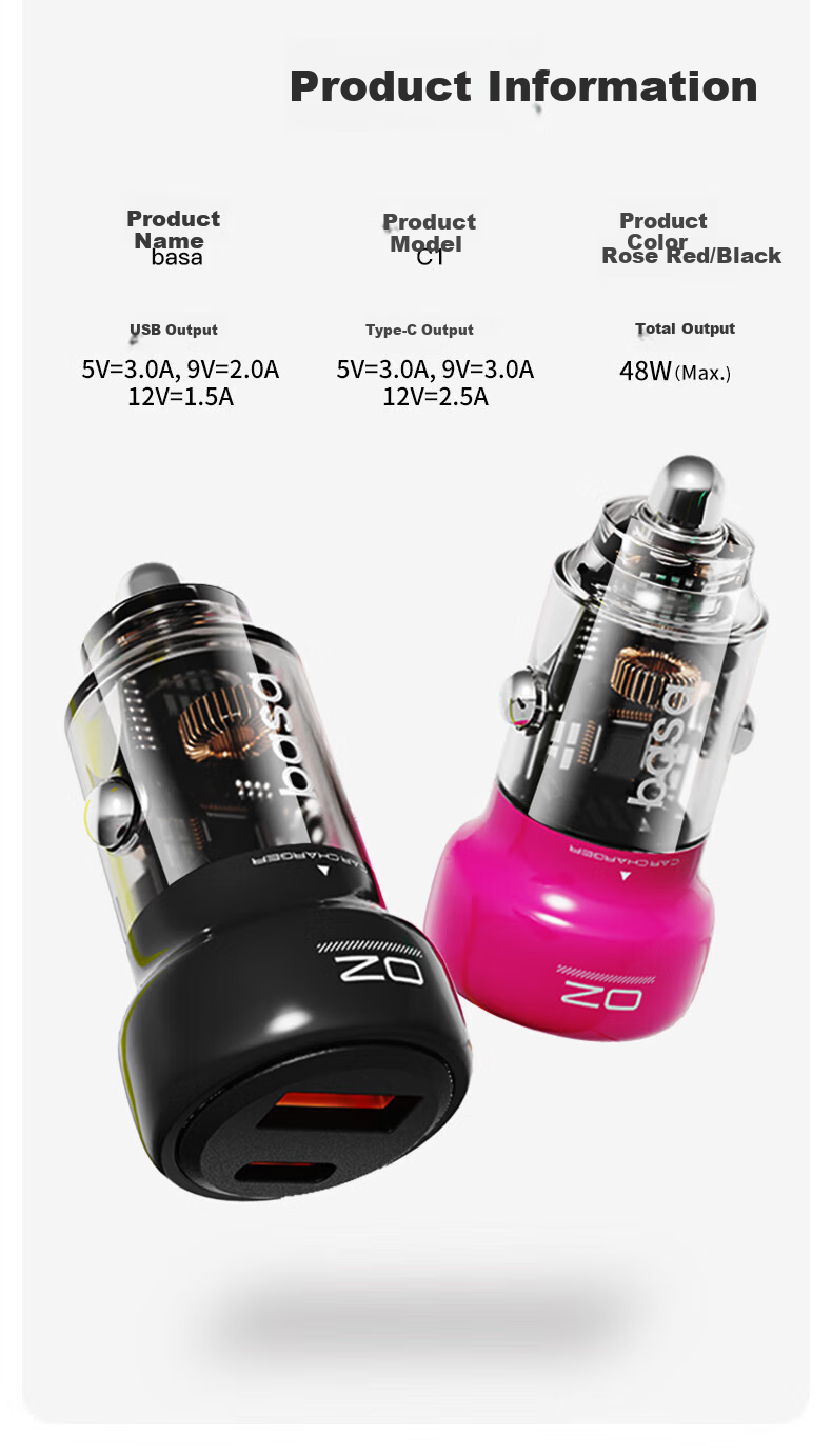Basa Car Charger Super Fast Charging Cigarette Lighter Adapter Two-In 48W Compatible with Apple 16 Android Huawei Xiaomi 12