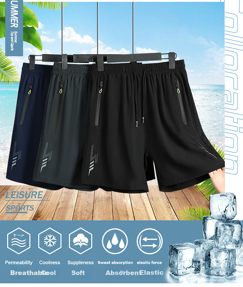 Jeanswest Men's Shorts, Trendy Summer Ice Silk Pants, Breathable Quick-Dry Sports Casual Five-Point Shorts, Running Pants, Beach Shorts for Me 3