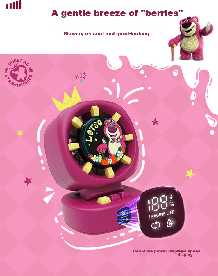 Big Ear Fox Disney Desktop Mini Fan Mist Cooling Small Air Conditioner Bladeless Oscillating USB Rechargeable Student Dormitory Desk Small Electric Fan Long Battery Life Strawberry Bear 6