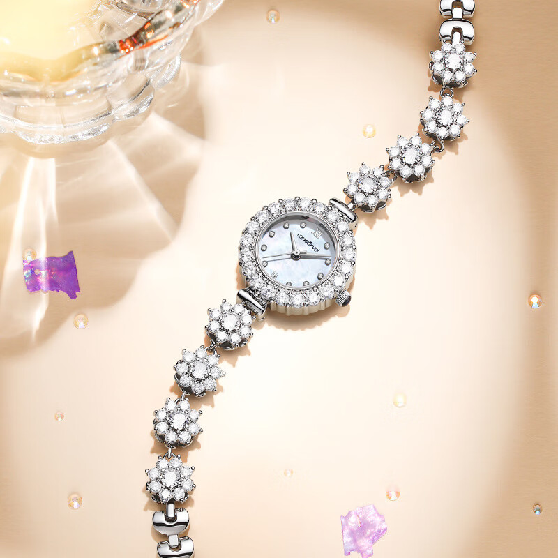 COMLORVEI Rotating Camellia Series, Diamond-Studded Sparkling Sweet Girl Quartz Movement, Mother-Of Dial, Waterproof Versatile Elegant Wristwatch D678