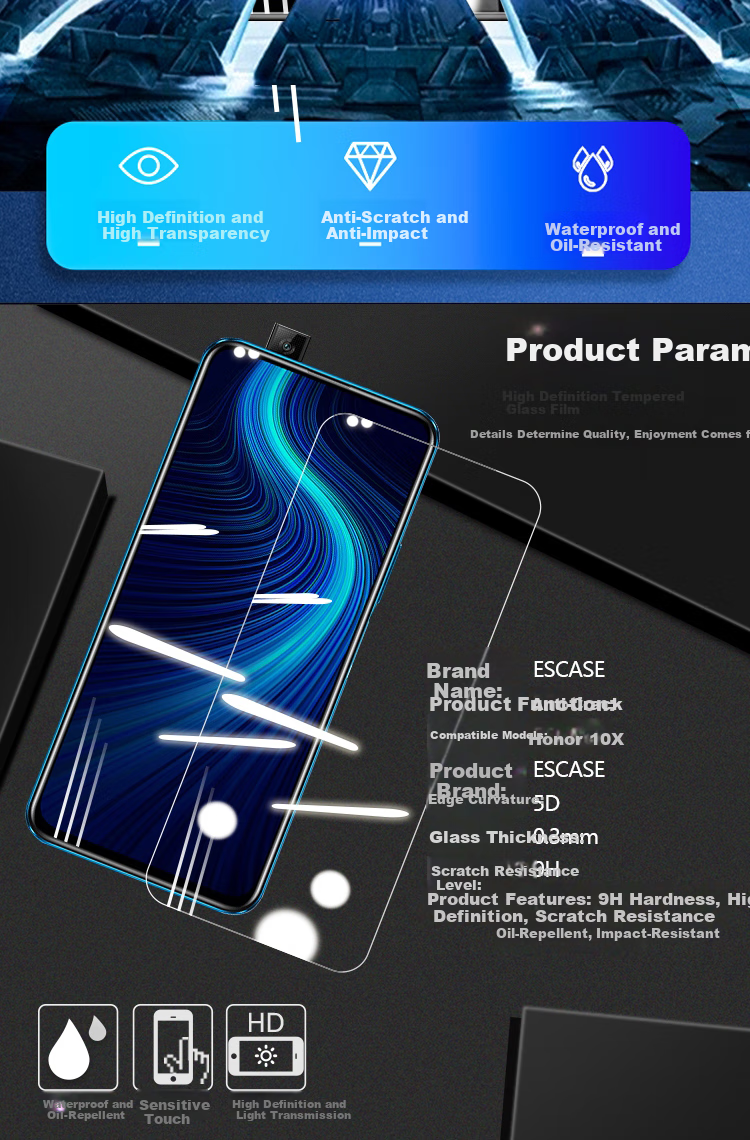 ESCASE Honor X10 Tempered Glass Screen Protector for Huawei Phone, 5G Non-Full Coverage HD Glass Phone Protective Film, Transparent 1