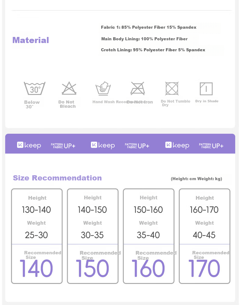 Keep Children's Swimsuit, One-Piece Swimming Suit for Girls, Small to Large Sizes, Double-Layer Swim Shorts Set, 720 Light Purple, Size 150 8