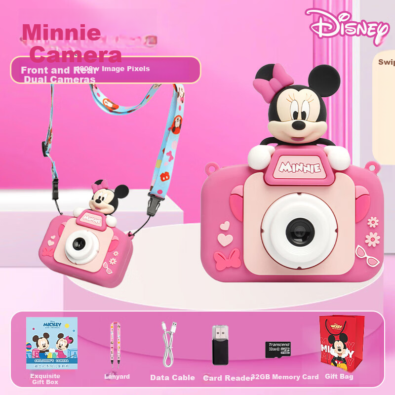 Disney Children's Digital Camera, Compact Student Camera for Photography And Travel, Handheld Portable Dual-Lens Camera Toy for Boys And Girls, Birthday Gift for Graduation Trips, Minnie