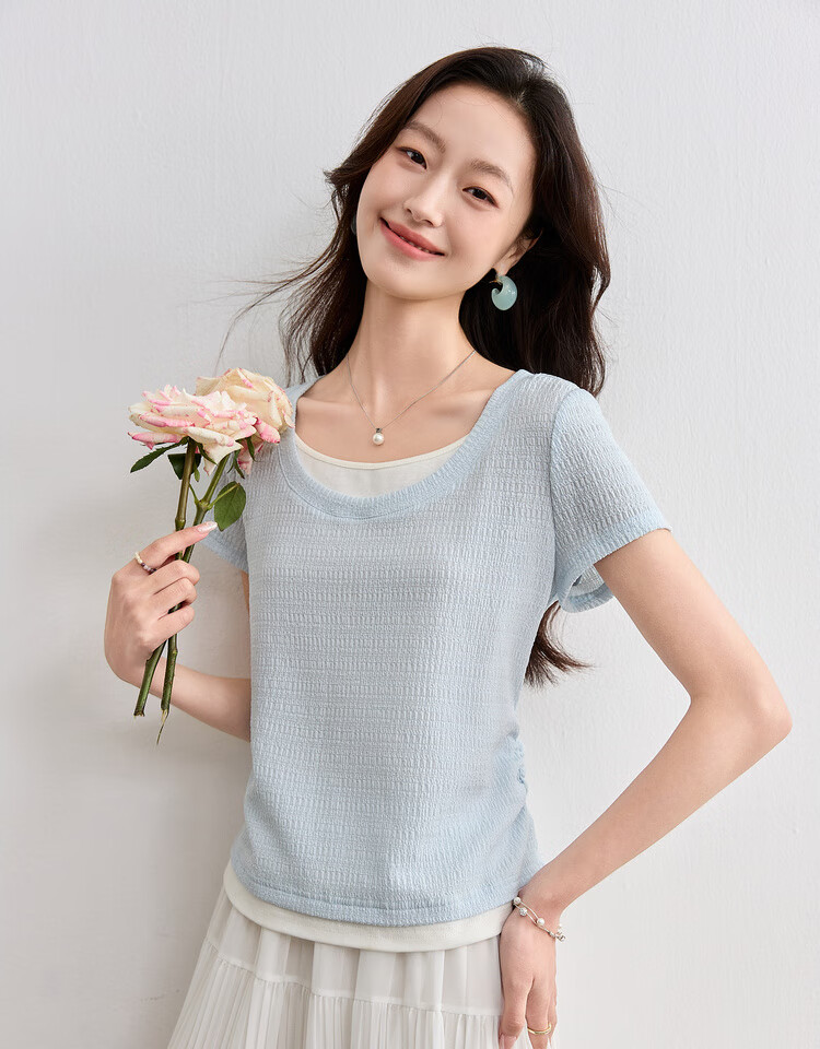 Sentubila Color Block Round Neck Waist Side Pleated Short Sleeve Textured T-Shirt for Women, Summer Commute Fashion Elegant Versatile Top 7