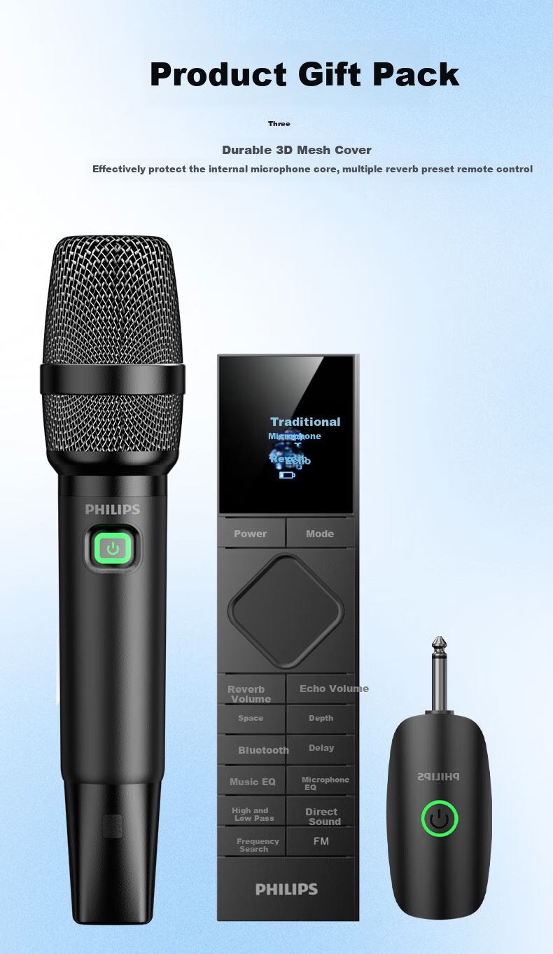 PHILIPS Wireless Microphone for KTV Performances, 120-Meter Range Transmission, Anti-Howling, Multi-Room Echo, Car-Mounted, Type-C with Built-In Battery 11