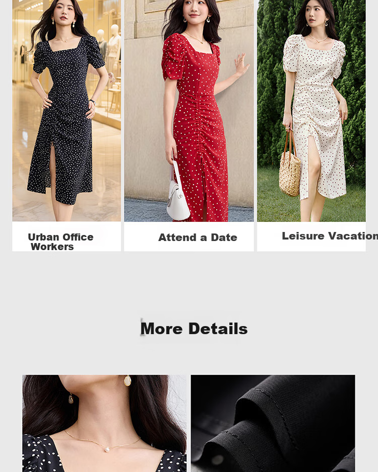 Sentubila French-Style Dress for Women, Summer Square Neckline, Ruched Sleeves, Vintage Polka Dot, Pleated Slit A-Line Skirt 6