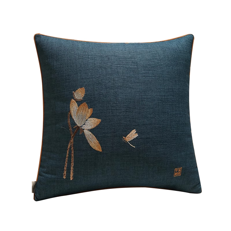 Huaman Shengtin Car Seat Cushion Pillow Sofa Chinese Style Backrest Pillow with Core Lotus Deep Blue 50*50cm