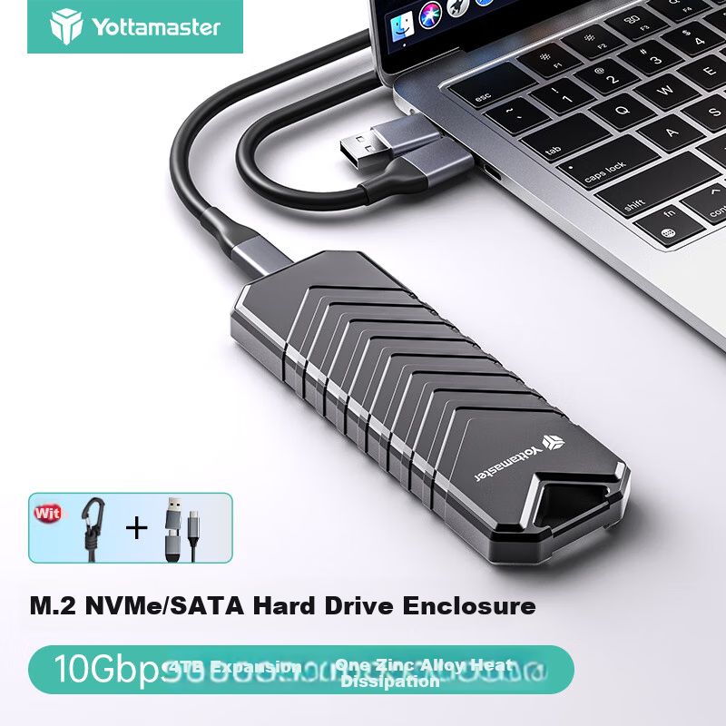 Yottamaster Hard Drive Enclosure, M.2 NVMe/SATA Dual Protocol External Hard Drive Enclosure for SSD, Laptop External Case, Zinc Alloy